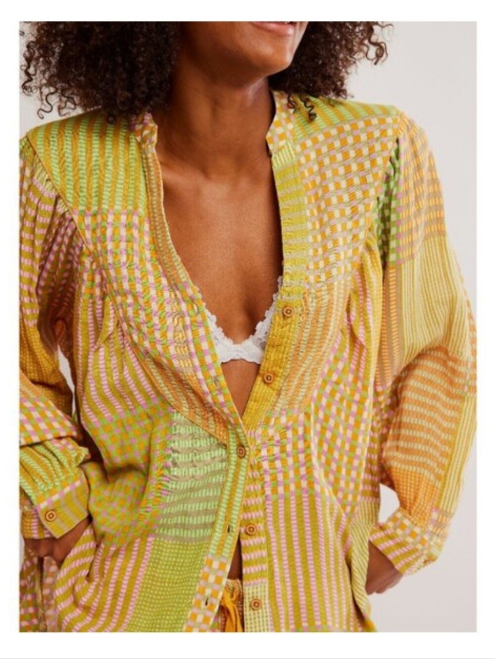Free People Intimately Night After Night Sleep Shirt Lemon Lime Plaid Large NWT